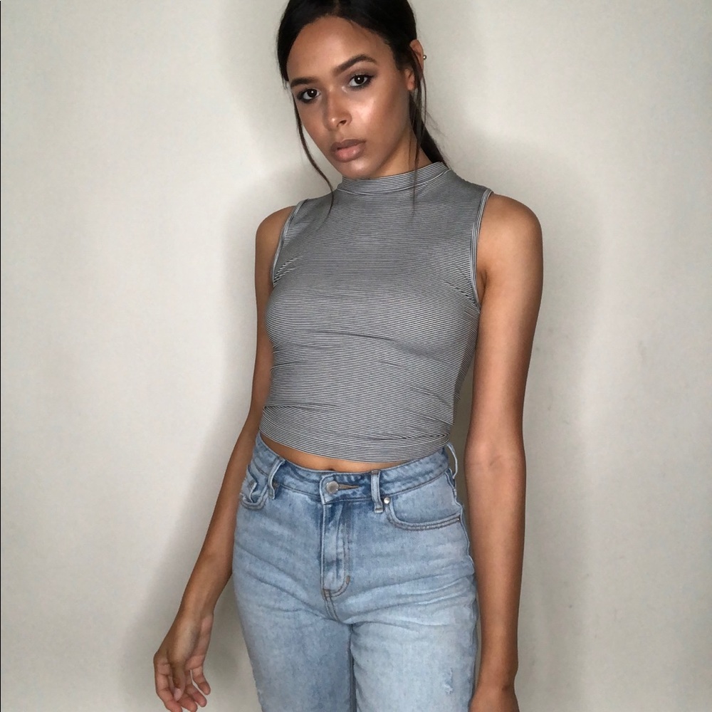 Black and white striped mock neck crop top